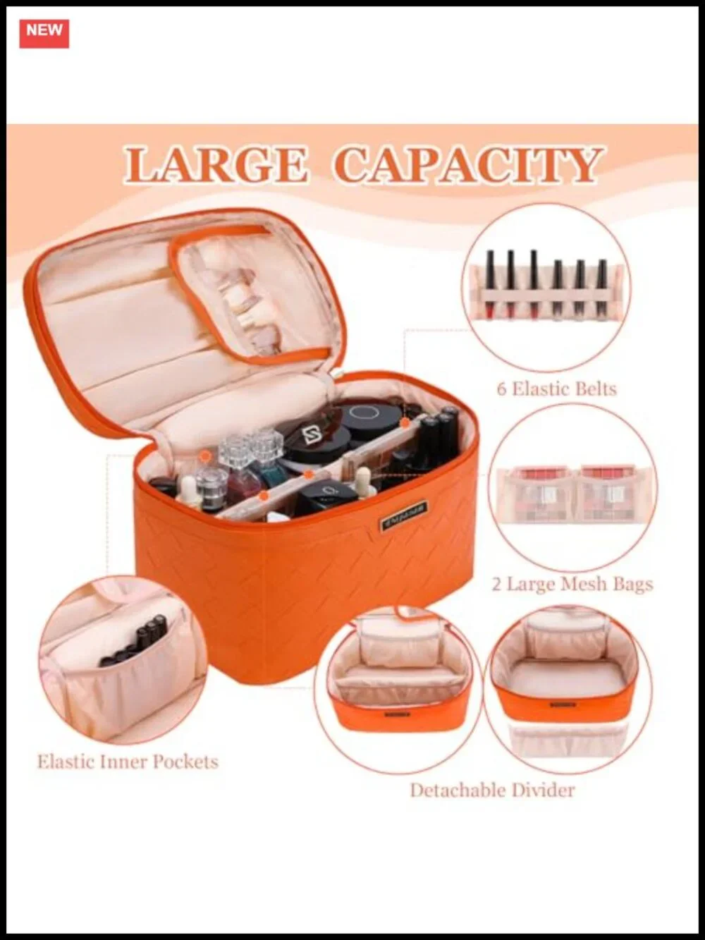 PU Leather Large Travel Makeup Organizer Bag with Handle